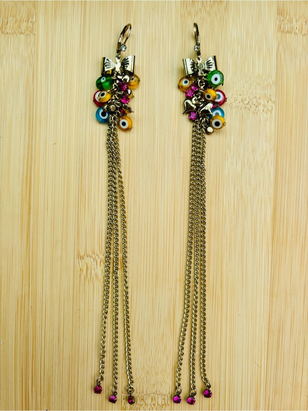Betsey Johnson Viva La Betsey Evil Eye Gold Tone Colorful Chain Fringe Earrings